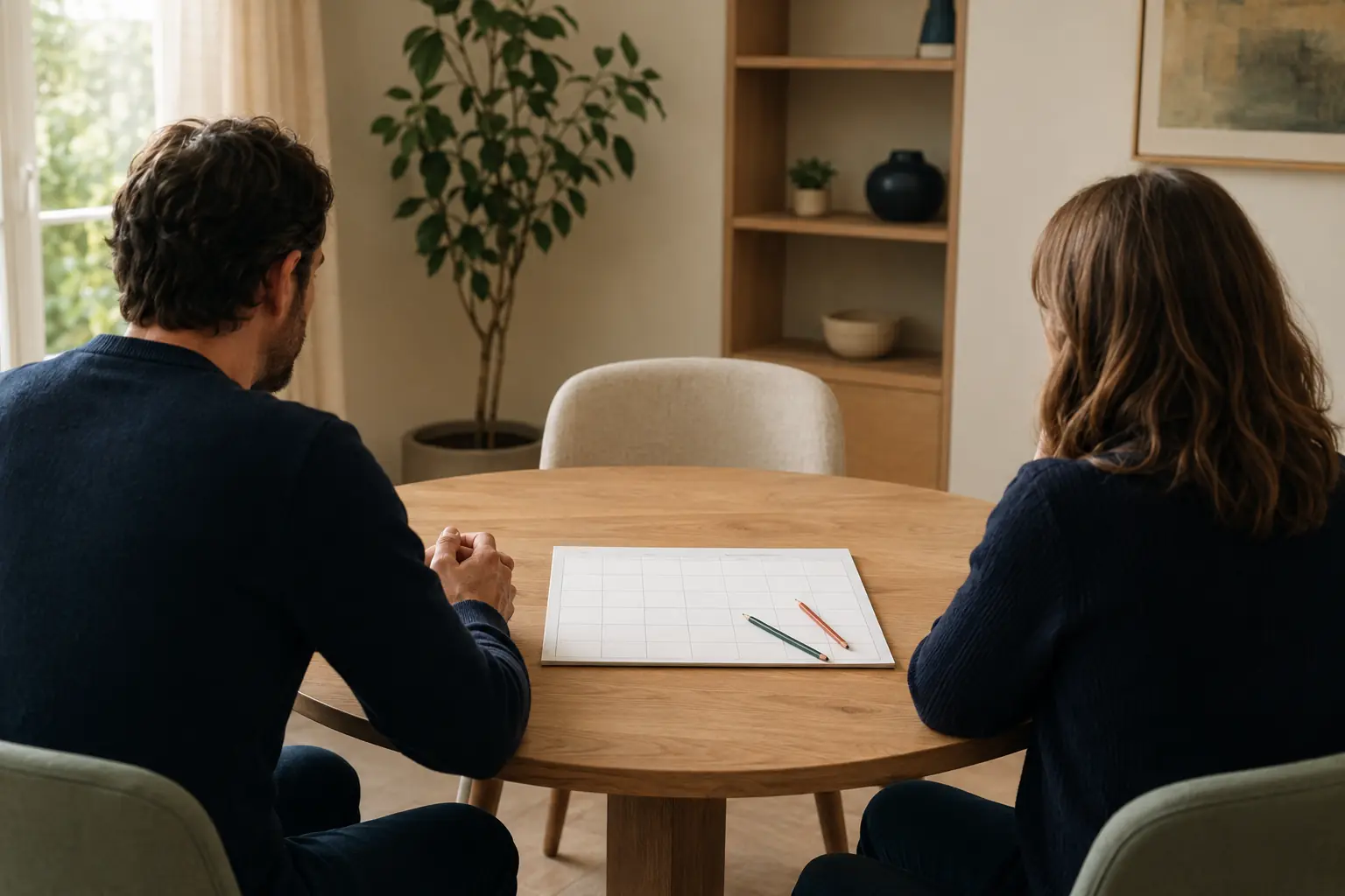 Deux adultes préparent une organisation parentale autour d’une table